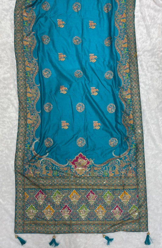 AJ-MONA HEAVY SATIN SILK SAREE WITH CHAAP DYING WITH HEAVY JARKAN WORK AND CONTRAST PALLU AND BLOUSE