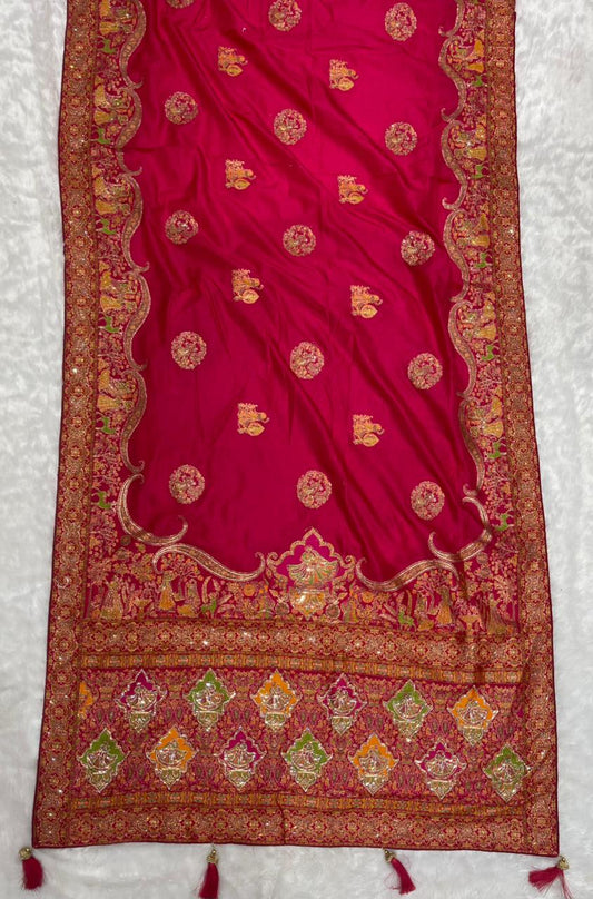 AJ-MONA HEAVY SATIN SILK SAREE WITH CHAAP DYING WITH HEAVY JARKAN WORK AND CONTRAST PALLU AND BLOUSE