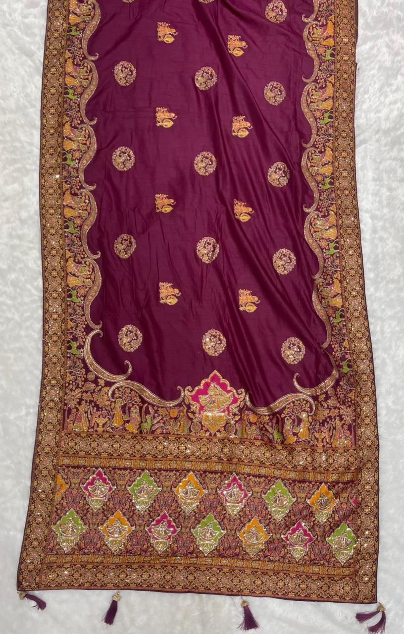 AJ-MONA HEAVY SATIN SILK SAREE WITH CHAAP DYING WITH HEAVY JARKAN WORK AND CONTRAST PALLU AND BLOUSE