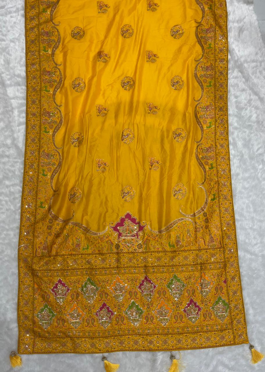 AJ-MONA HEAVY SATIN SILK SAREE WITH CHAAP DYING WITH HEAVY JARKAN WORK AND CONTRAST PALLU AND BLOUSE