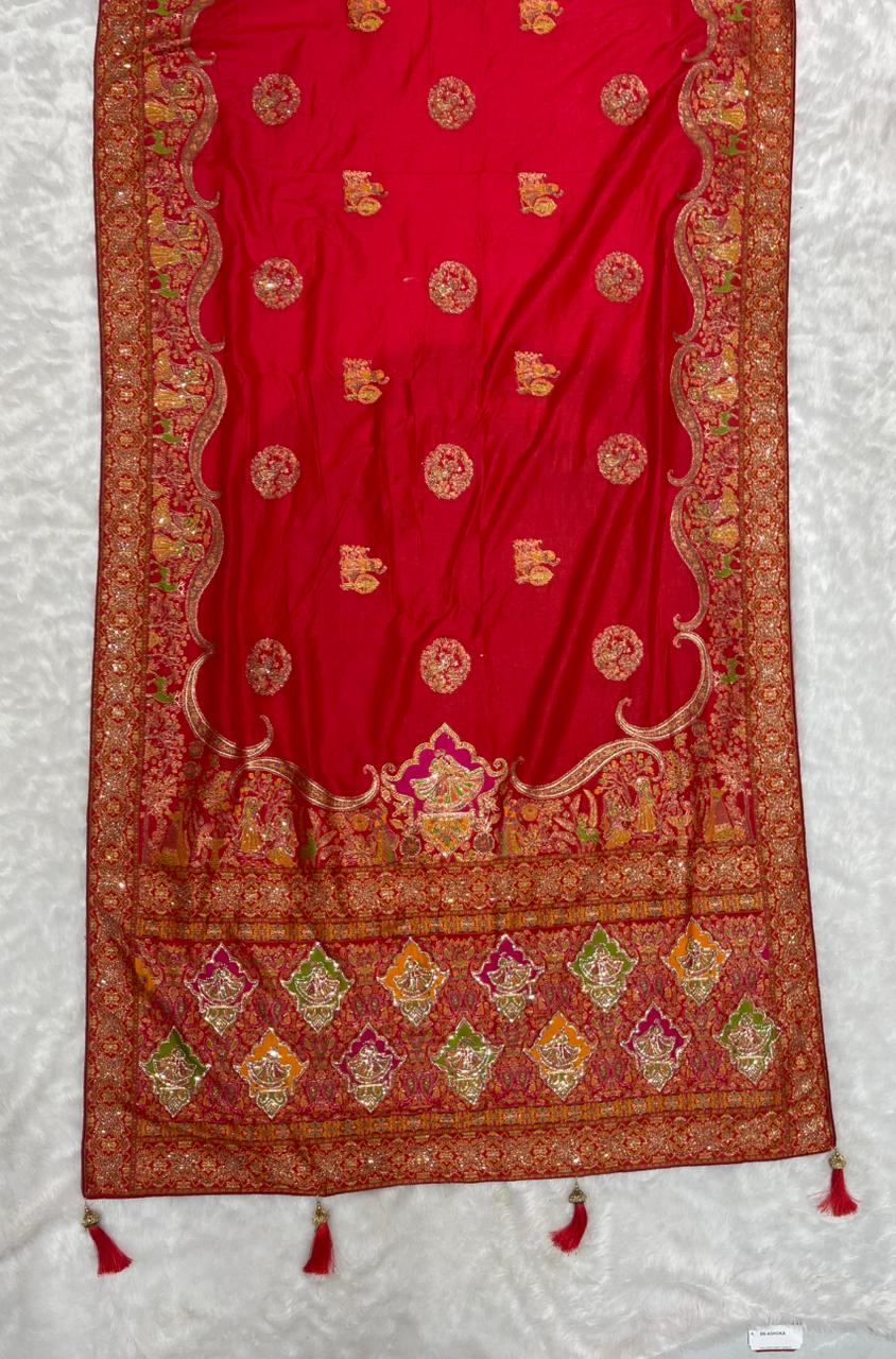 AJ-MONA HEAVY SATIN SILK SAREE WITH CHAAP DYING WITH HEAVY JARKAN WORK AND CONTRAST PALLU AND BLOUSE