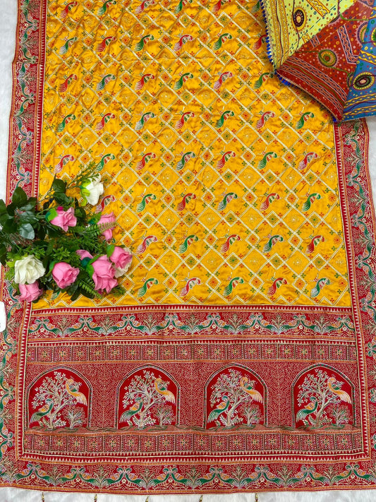 BS-HONEY SATIN SILK WITH HEAVY PALLU GUJRATI GHATCHOLA DESIGN 9 feeder with pure showroom item