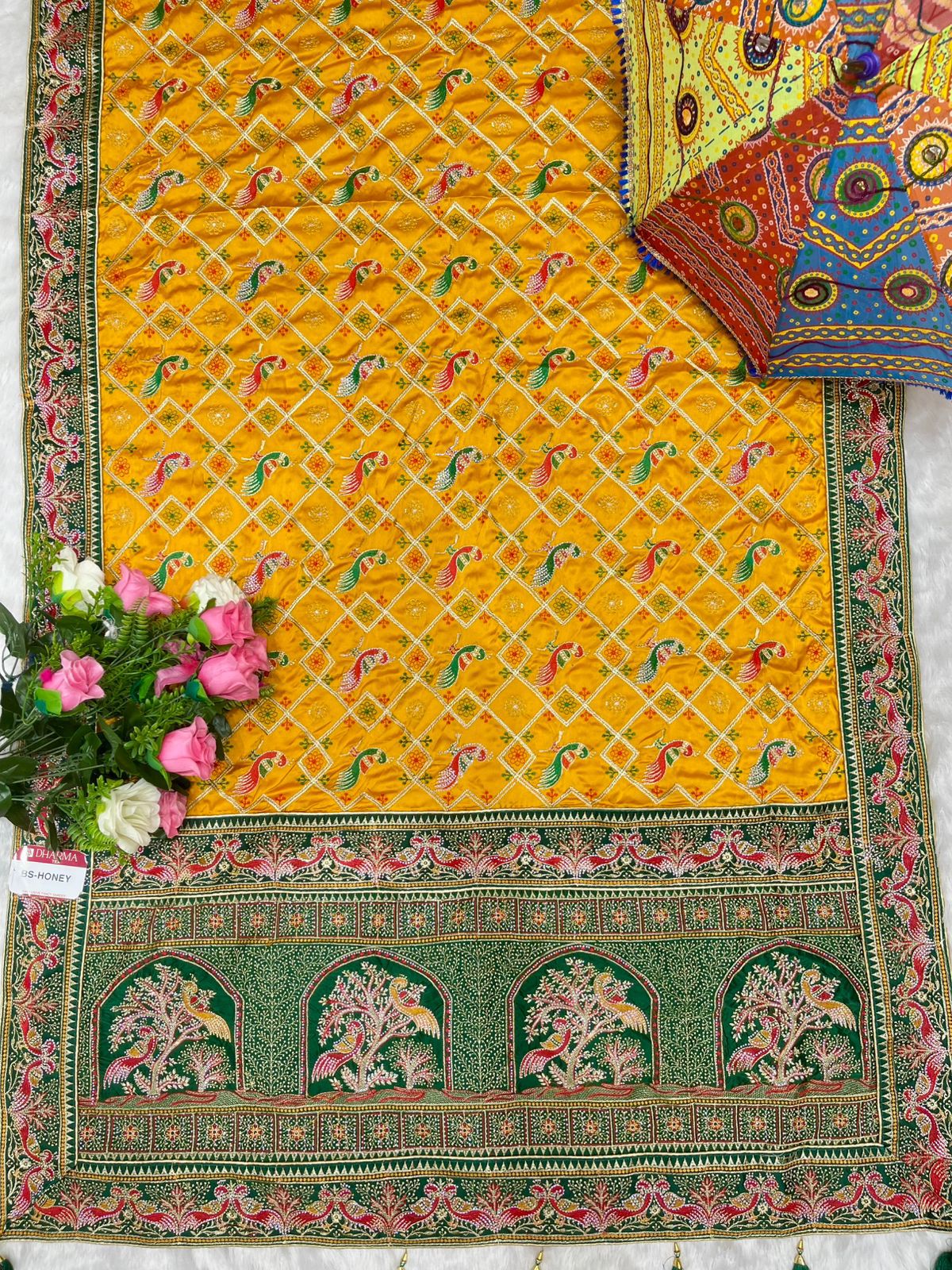 BS-HONEY SATIN SILK WITH HEAVY PALLU GUJRATI GHATCHOLA DESIGN 9 feeder with pure showroom item