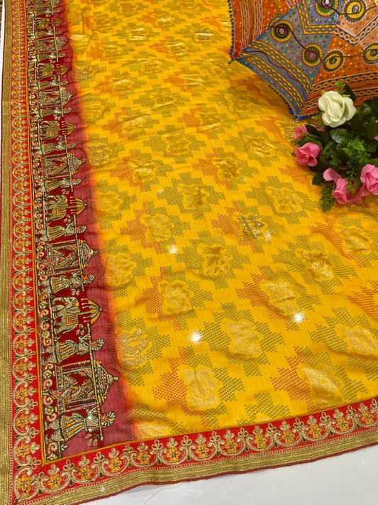 BS-KAJAL VISOCS CHIFFON SAREE WITH BEAUTIFUL BANDANI DESIGN WITH HEAVY EMBROIDERY AND PATLI WORK WITH HEAVY BLOUSE BARAT DESIGN WITH GAJRAJ