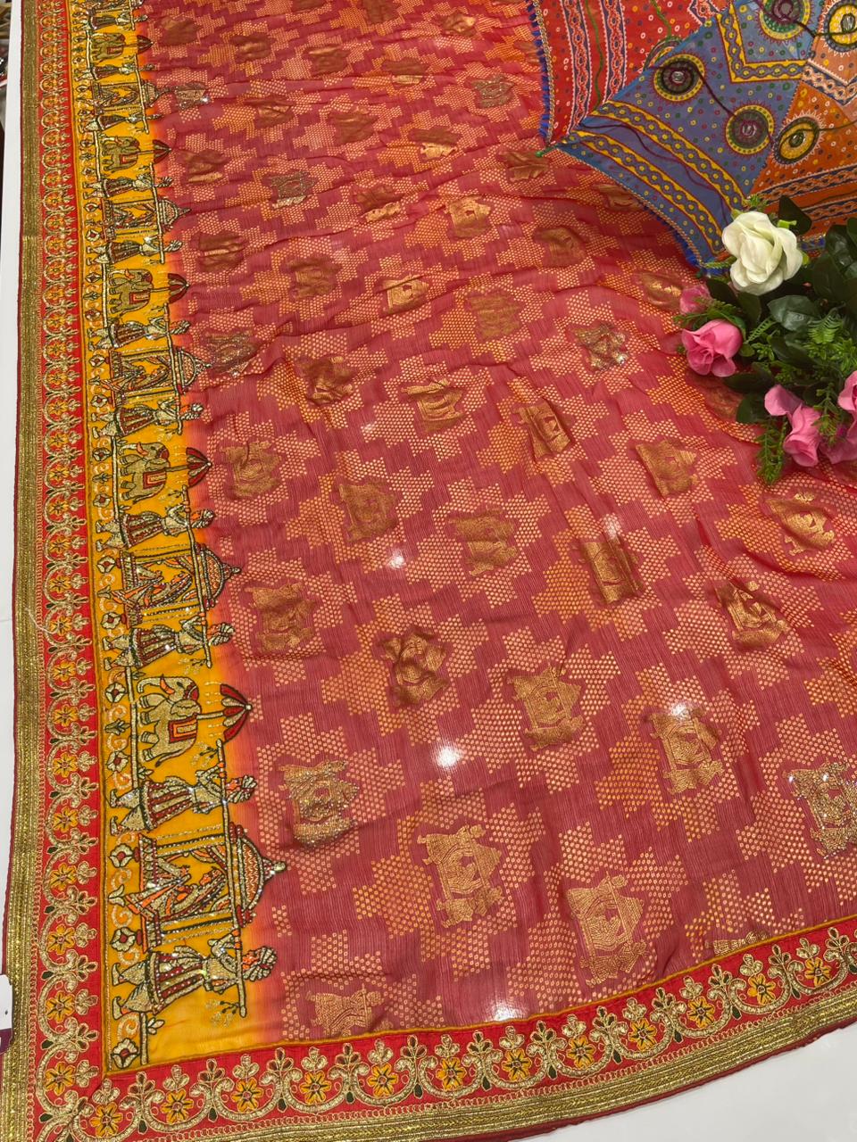 BS-KAJAL VISOCS CHIFFON SAREE WITH BEAUTIFUL BANDANI DESIGN WITH HEAVY EMBROIDERY AND PATLI WORK WITH HEAVY BLOUSE BARAT DESIGN WITH GAJRAJ