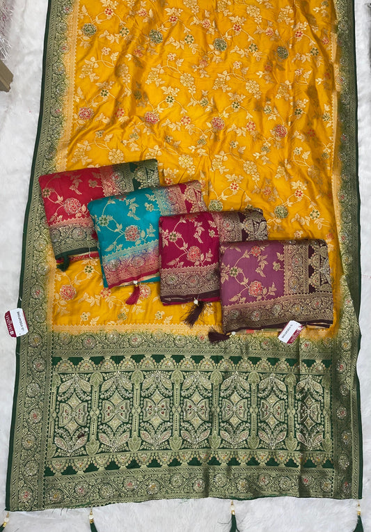 BS-VODAFONE DOLA SILK SAREE MULTI DESIGN RICH PALLU WITH 2D DYING WITH LITTLE JHAL WORK ON BODY WITH TASSELS