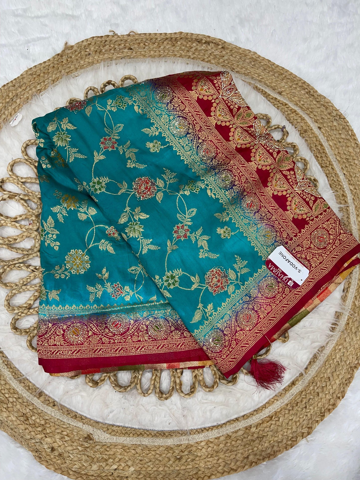 BS-VODAFONE DOLA SILK SAREE MULTI DESIGN RICH PALLU WITH 2D DYING WITH LITTLE JHAL WORK ON BODY WITH TASSELS