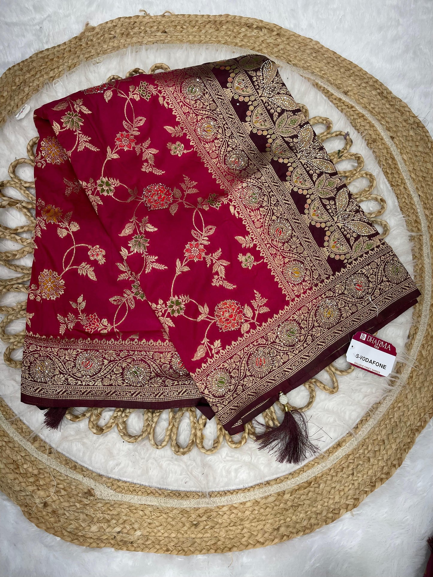 BS-VODAFONE DOLA SILK SAREE MULTI DESIGN RICH PALLU WITH 2D DYING WITH LITTLE JHAL WORK ON BODY WITH TASSELS