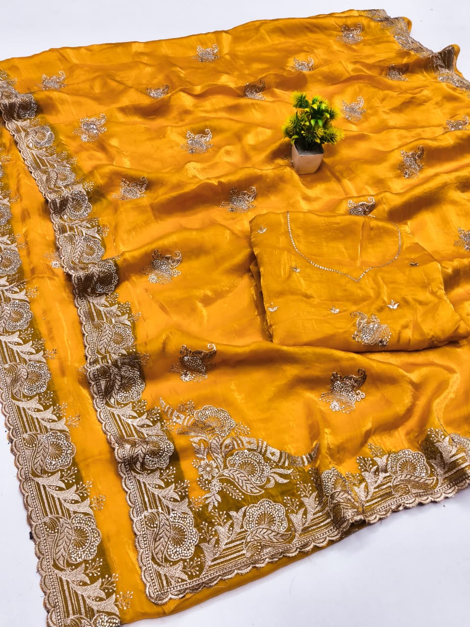 DF-HEMANGI FENDI SATIN SAREE WITH BEAUTIFUL BOX PALLU WITH BEAUTIFUL EMBORIDERY WORK WITH FIRMA BLOUSE