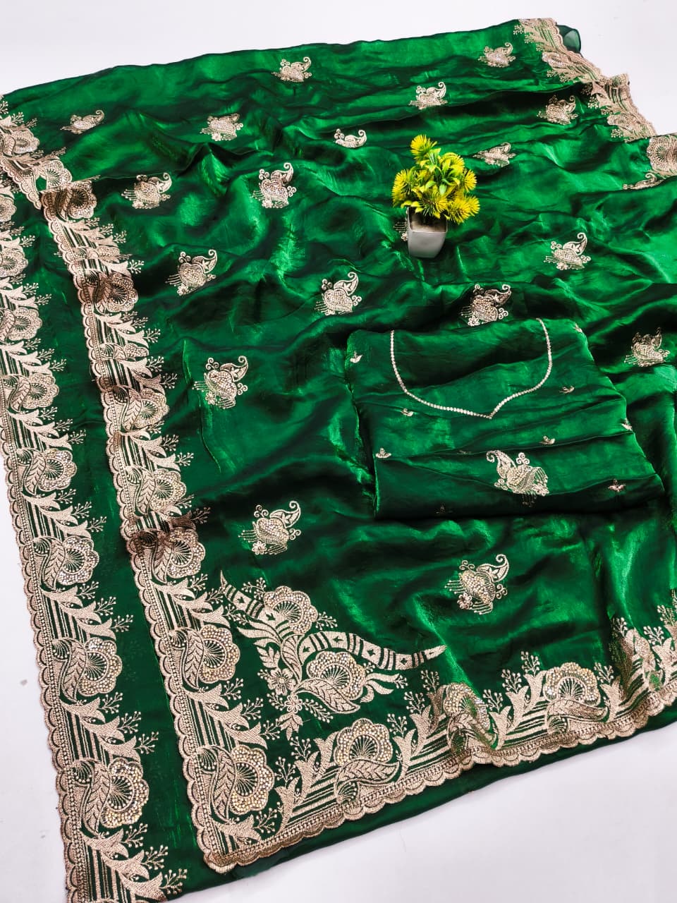 DF-HEMANGI FENDI SATIN SAREE WITH BEAUTIFUL BOX PALLU WITH BEAUTIFUL EMBORIDERY WORK WITH FIRMA BLOUSE