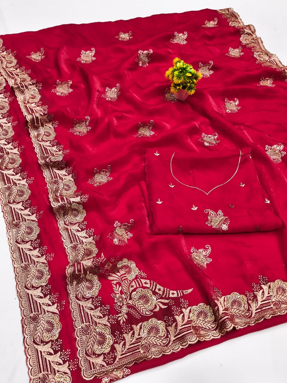 DF-HEMANGI FENDI SATIN SAREE WITH BEAUTIFUL BOX PALLU WITH BEAUTIFUL EMBORIDERY WORK WITH FIRMA BLOUSE