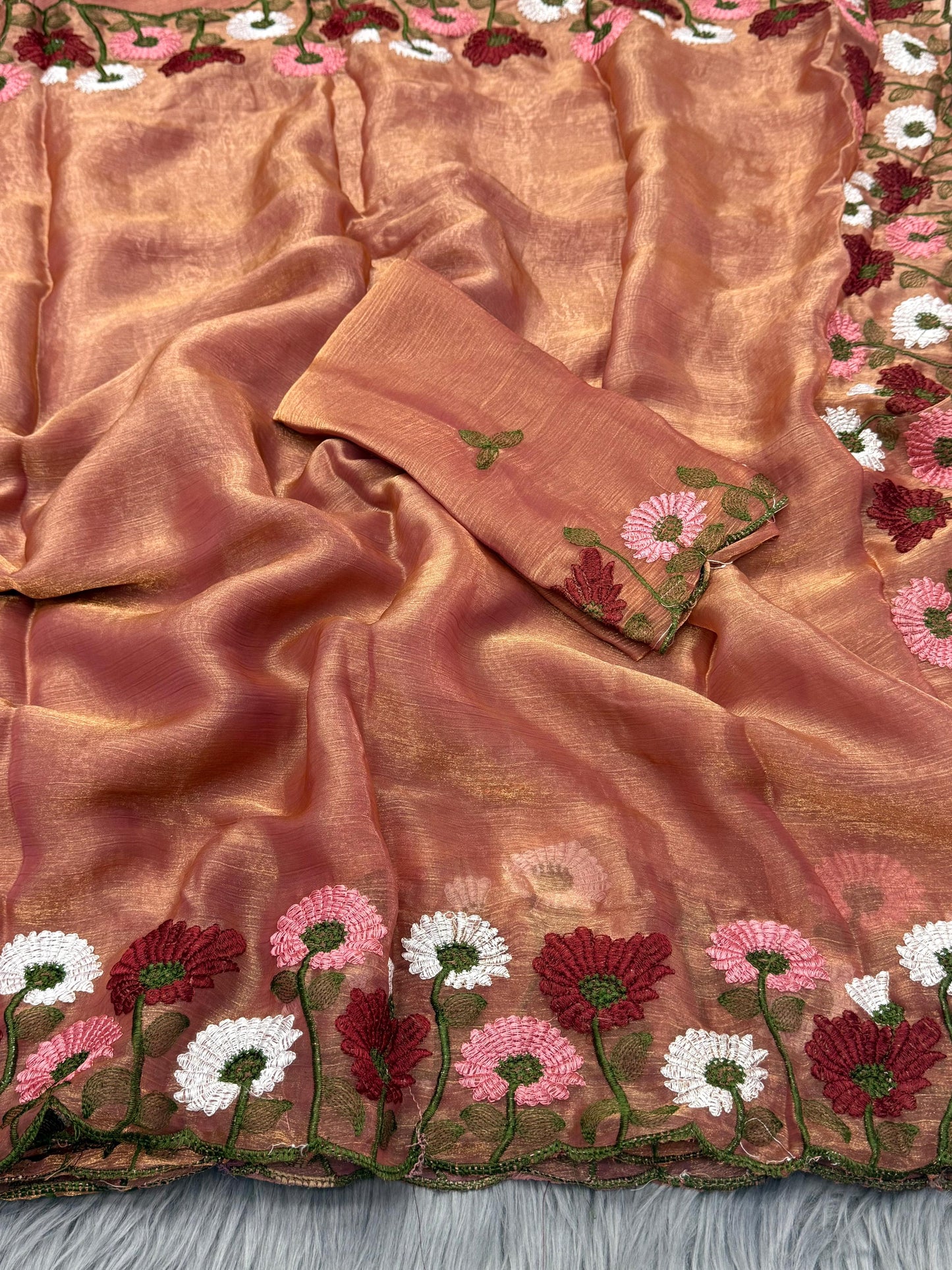 NN-2084 Space silk fabric with C-pallu 5 niddle embroidary work with Rangoli blooming fabric with embroidary work