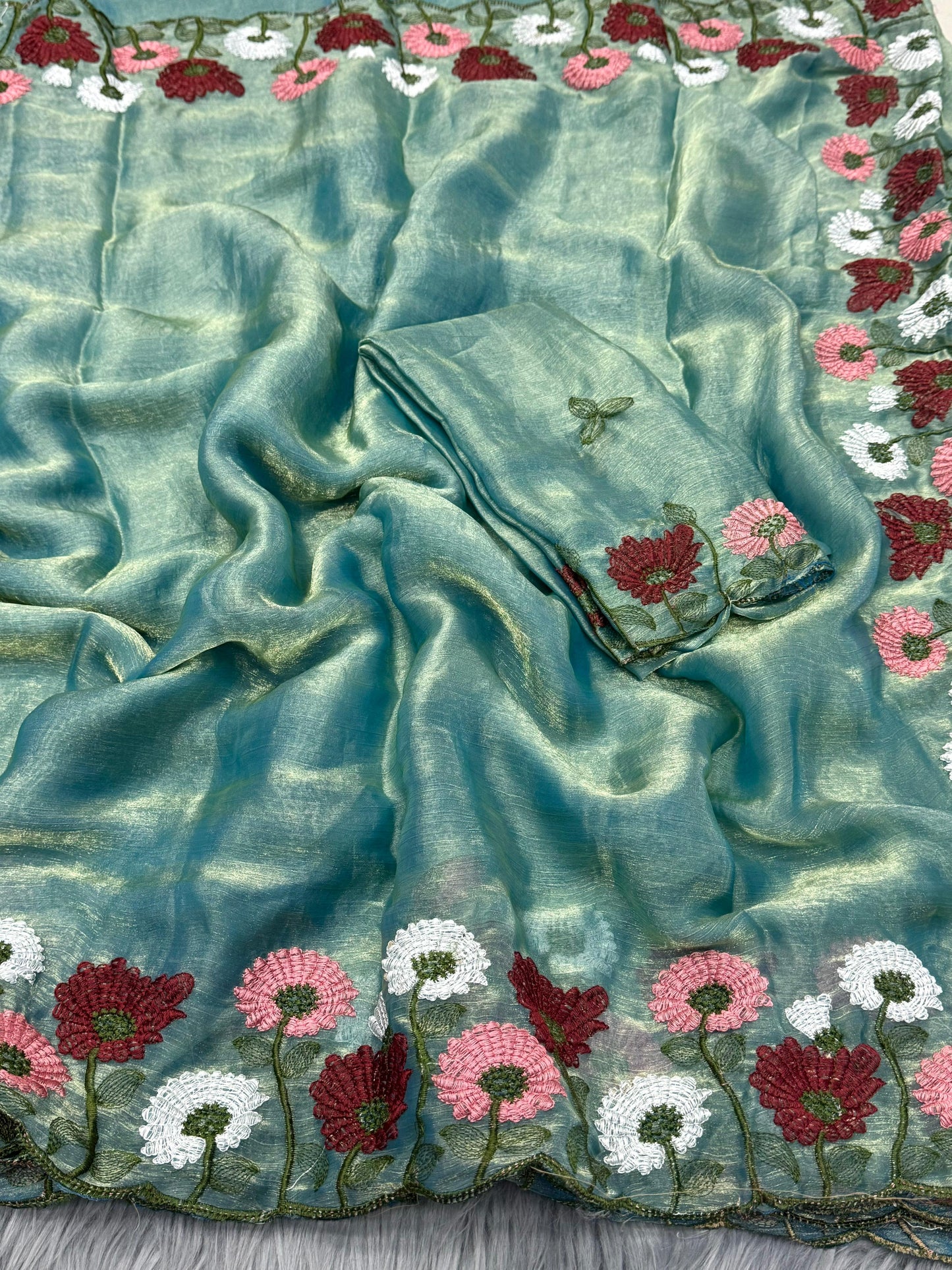 NN-2084 Space silk fabric with C-pallu 5 niddle embroidary work with Rangoli blooming fabric with embroidary work