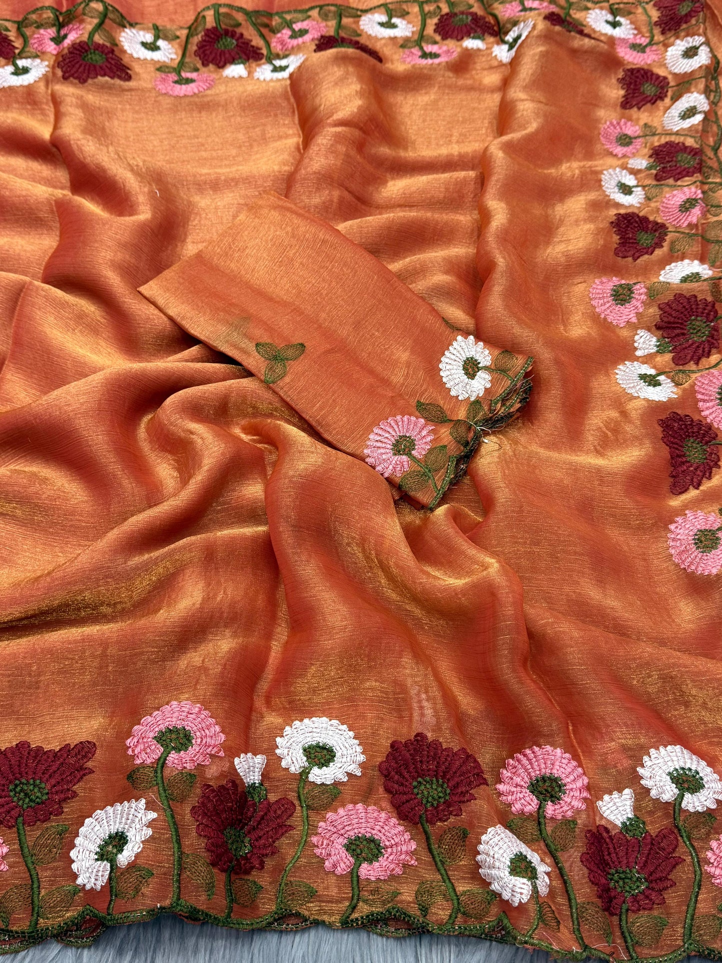 NN-2084 Space silk fabric with C-pallu 5 niddle embroidary work with Rangoli blooming fabric with embroidary work
