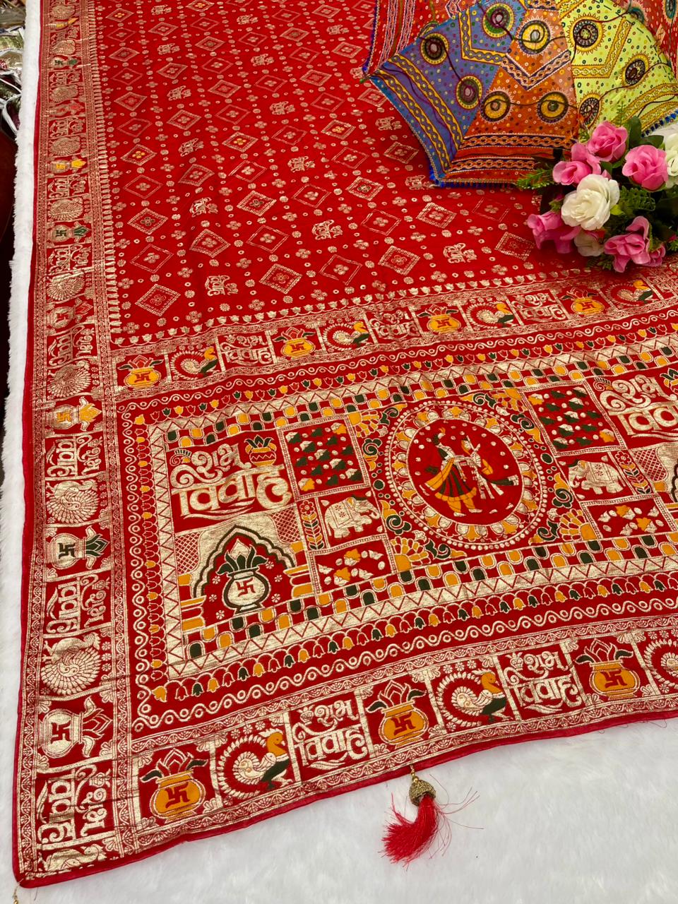 AJ-SUBH-VIVAH Soft Dyeable Silk with viral subh vivah design full banarasi jaree weaving with heavy latkan and box design in body