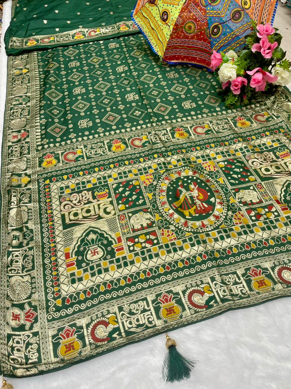 AJ-SUBH-VIVAH Soft Dyeable Silk with viral subh vivah design full banarasi jaree weaving with heavy latkan and box design in body