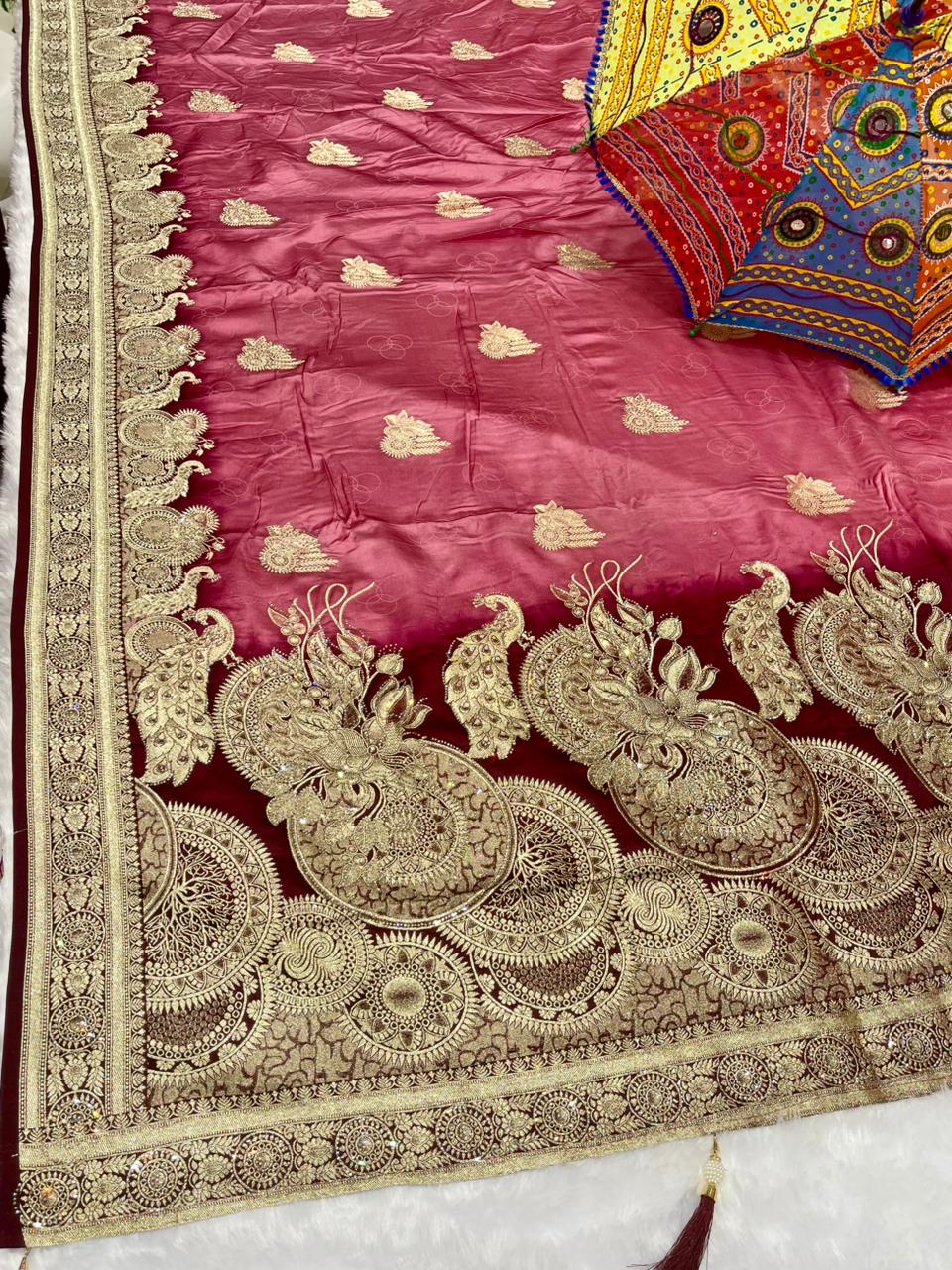 BS-SITAPUR SOFT SILK SAREE WITH BEAUTIFUL RICH PALLU DESIGN WITH HEAVY JARKAN WORK WITH SAREE WITH 2D DYING