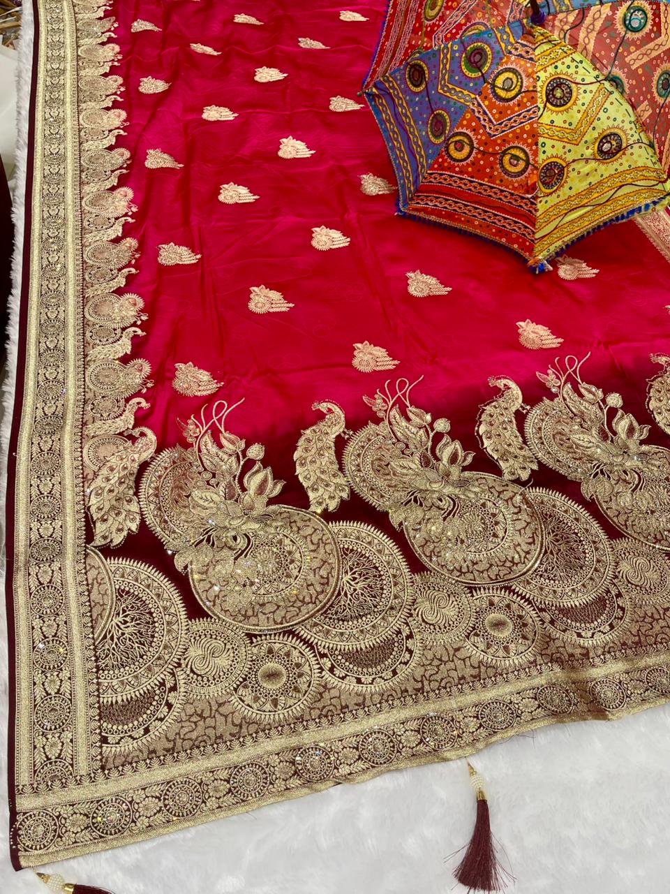 BS-SITAPUR SOFT SILK SAREE WITH BEAUTIFUL RICH PALLU DESIGN WITH HEAVY JARKAN WORK WITH SAREE WITH 2D DYING