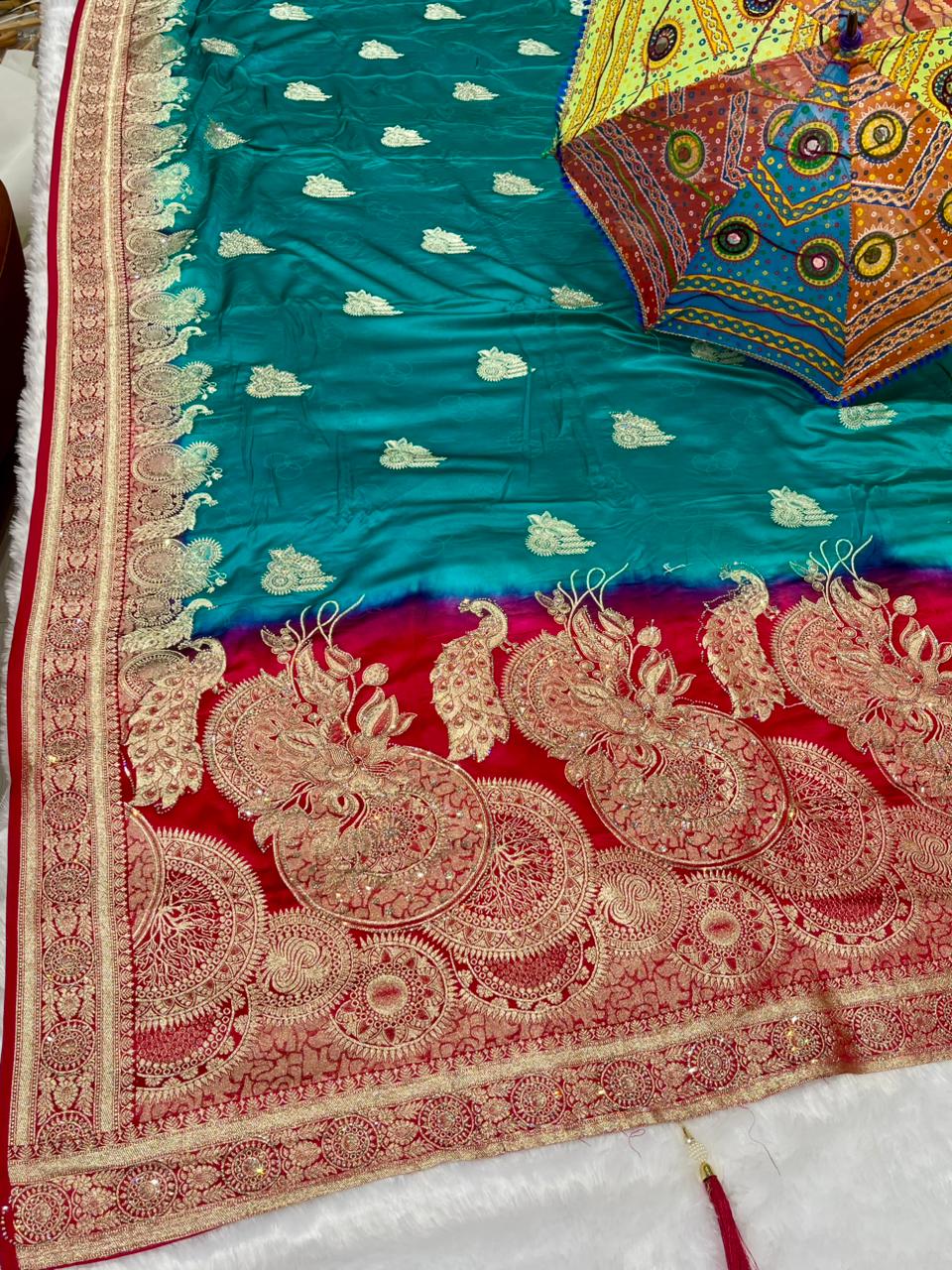 BS-SITAPUR SOFT SILK SAREE WITH BEAUTIFUL RICH PALLU DESIGN WITH HEAVY JARKAN WORK WITH SAREE WITH 2D DYING