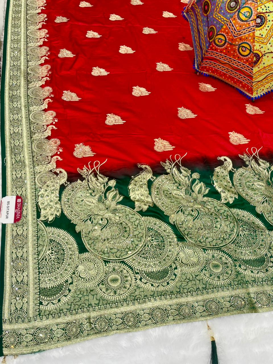 BS-SITAPUR SOFT SILK SAREE WITH BEAUTIFUL RICH PALLU DESIGN WITH HEAVY JARKAN WORK WITH SAREE WITH 2D DYING