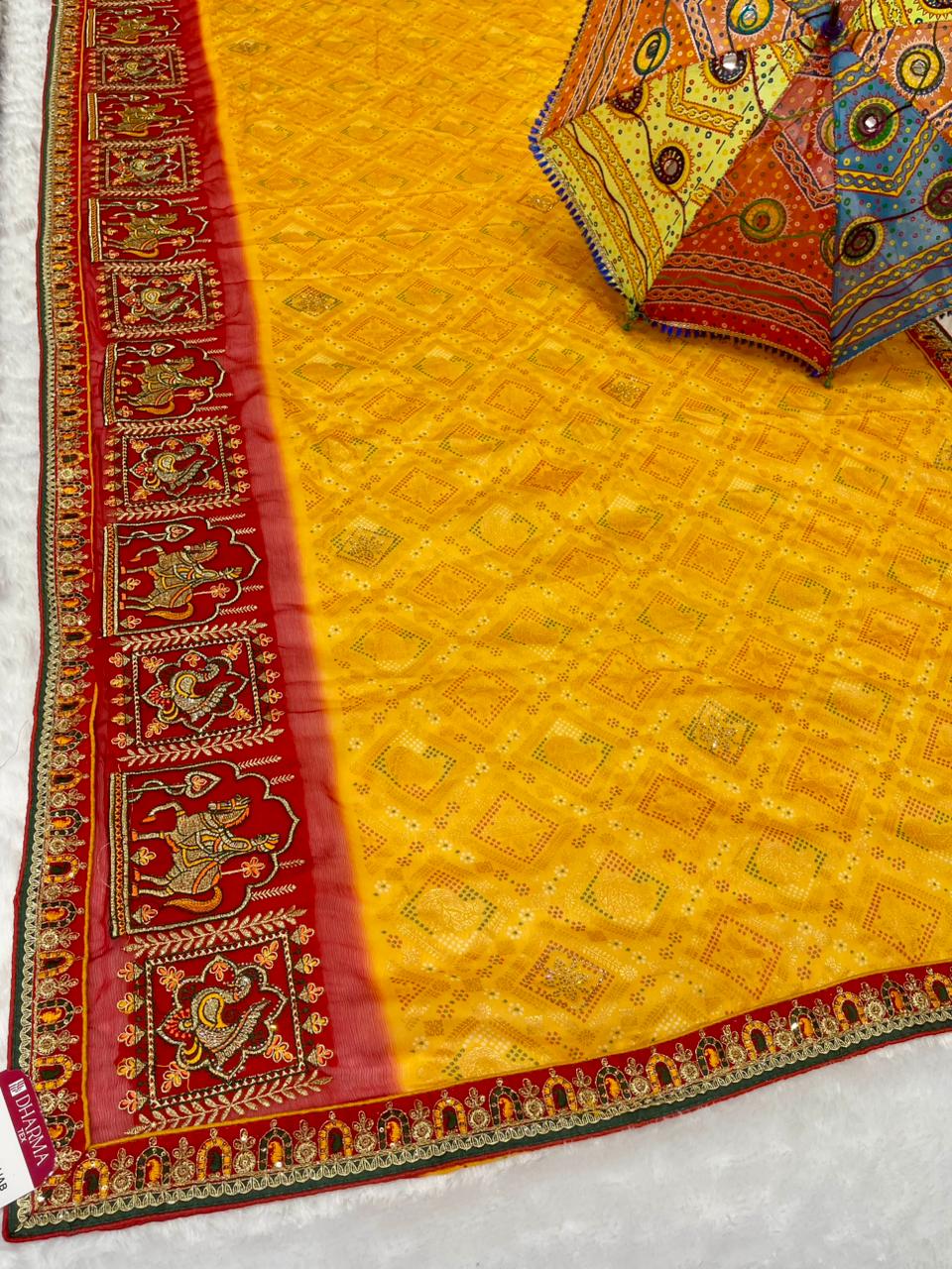 BS-UDTA PUNJAB PURE CHIFFON SAREE WITH MULTI THREAD AND EMBRODIERY WORK WITH BEAUTIUL DAMAN PRINT WITH DIAMOND WORK