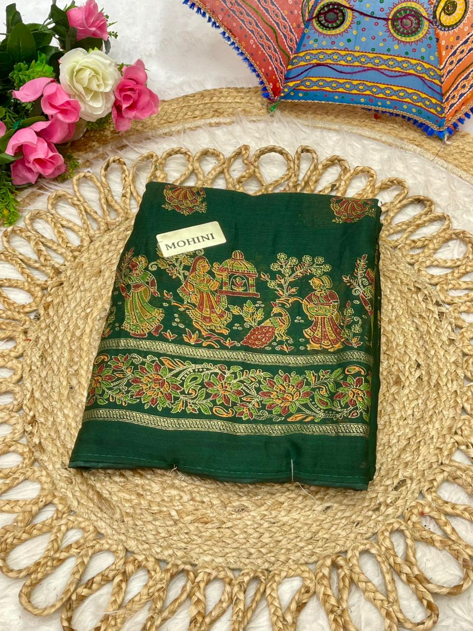 KAS-MOHINI Dull Moss with Padding Foil Print with Piping