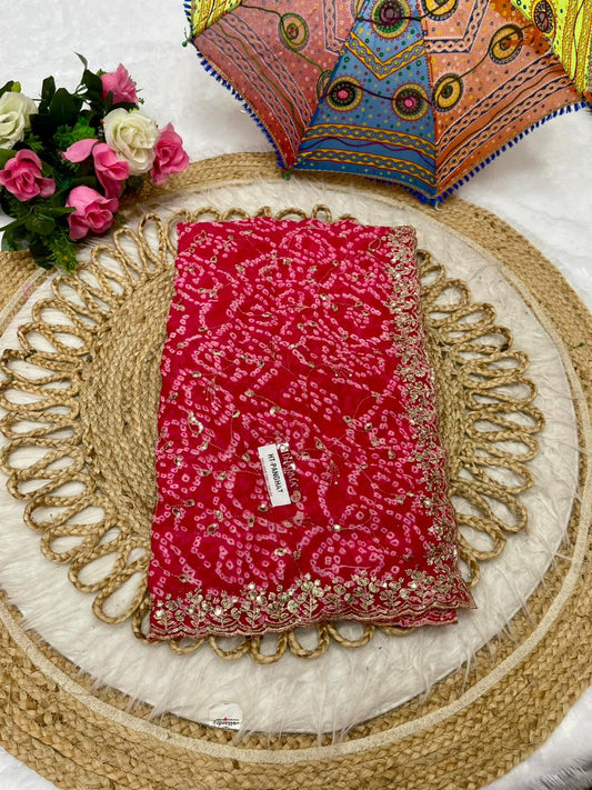 KAS-PANGHAT FANCY BANDANI SAREE WITH BEAUTIFUL DESIGN WITH EMBORIDERY AND CODING WORK WITH JHAL DESIGN ON BODY