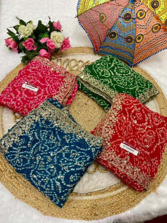 KAS-PANGHAT FANCY BANDANI SAREE WITH BEAUTIFUL DESIGN WITH EMBORIDERY AND CODING WORK WITH JHAL DESIGN ON BODY