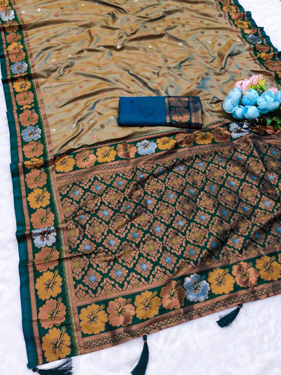 AJ-JASWANT PAITHANI SOFT PAITHAI SILK VIRAL JAWANT PAITHANI DESIGN WITH CONTRAST BORDER AMD PALLU WITH TASSELS