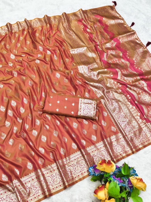 AJ-NAINITAL SOFT SILK SAREE WITH SATIN LOOK WITH MEENAKARI WORK SPECIAL BANARAS DESIGN WITH RICH PALLU