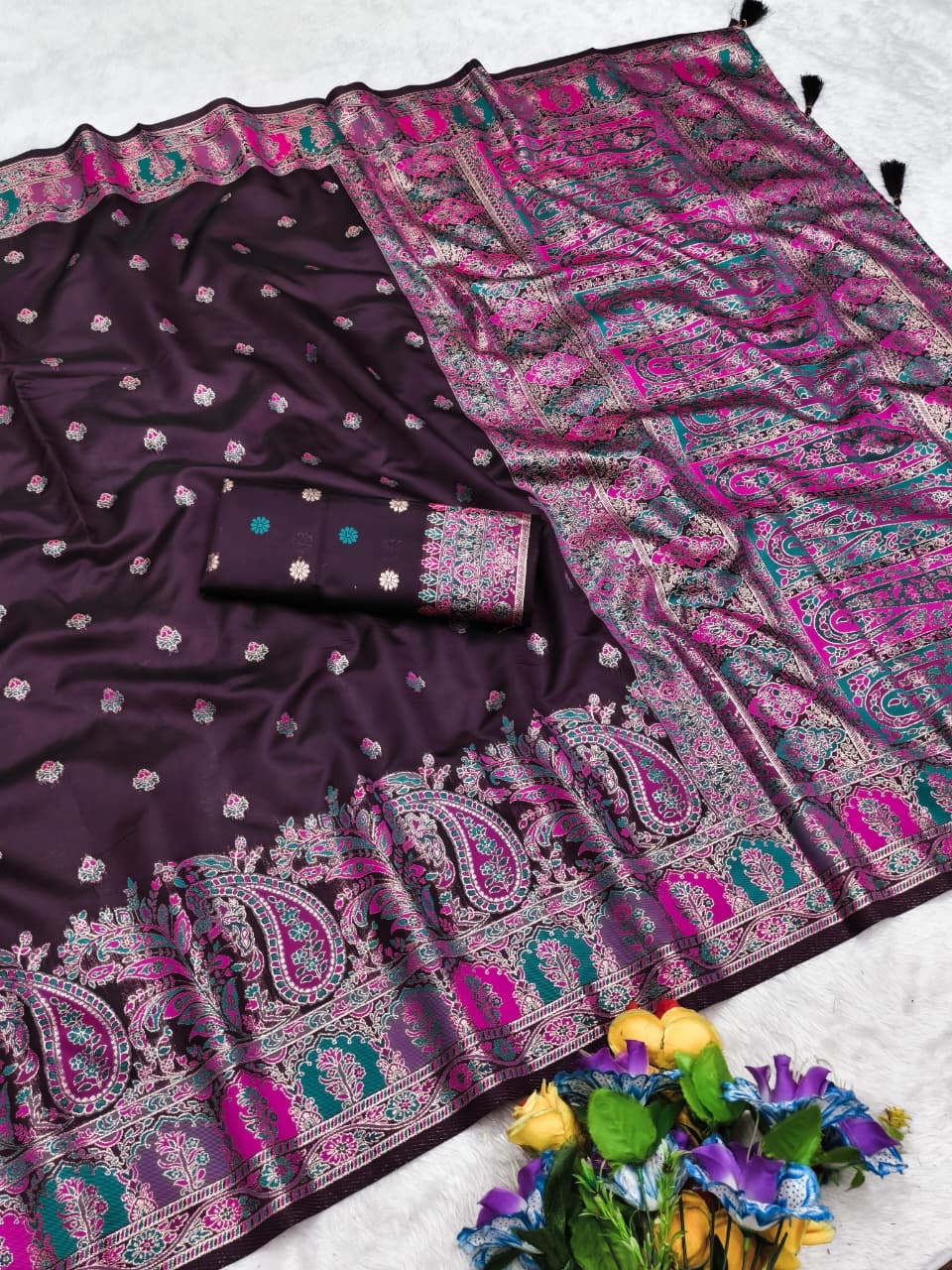 AJ-UNIQUE-PASHMINA KOTA LITCHI SILK SAREE WITH POSITION STYLE WEAVING DESIGN WITH RICH PALLU AND PATLI WORK