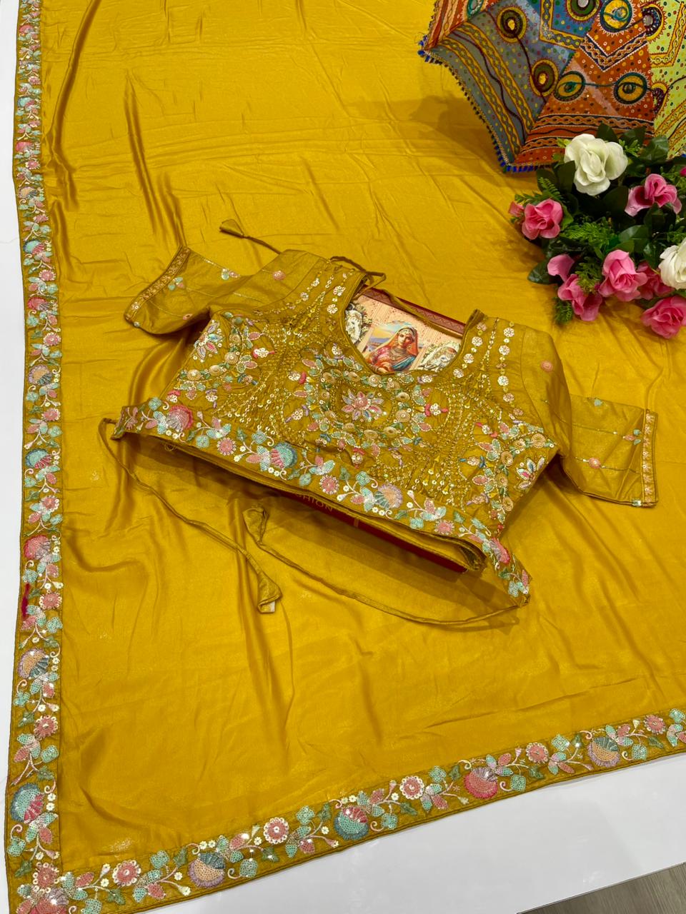 DF-FASHION KI DUNDIYA ORIGINAL CHOCLATE SAREE WITH BEAUTIFUL THREAD AND SEQUENCE WORK AT BORDER WITH STICHED HEAVY BLOUSE