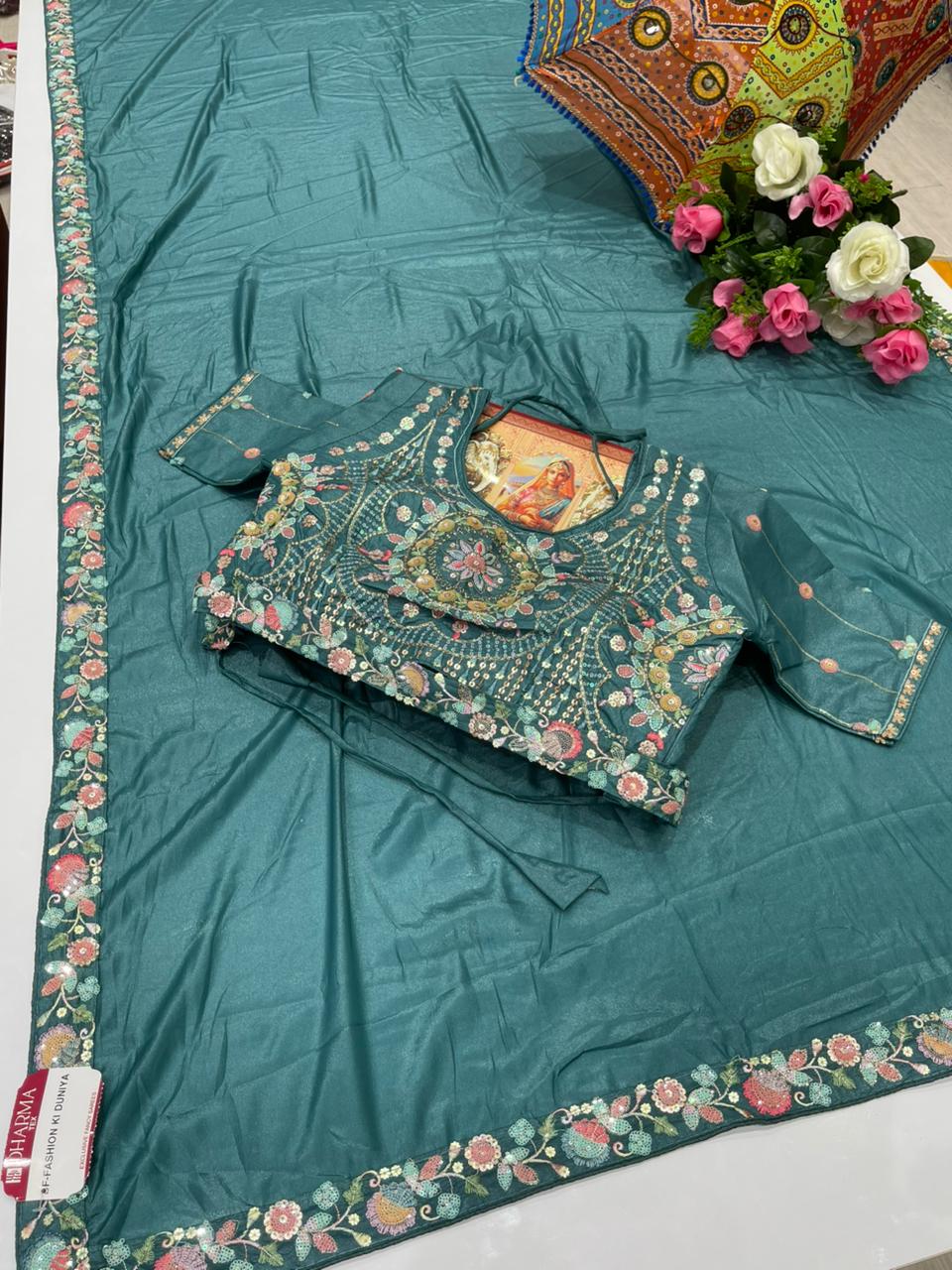 DF-FASHION KI DUNDIYA ORIGINAL CHOCLATE SAREE WITH BEAUTIFUL THREAD AND SEQUENCE WORK AT BORDER WITH STICHED HEAVY BLOUSE