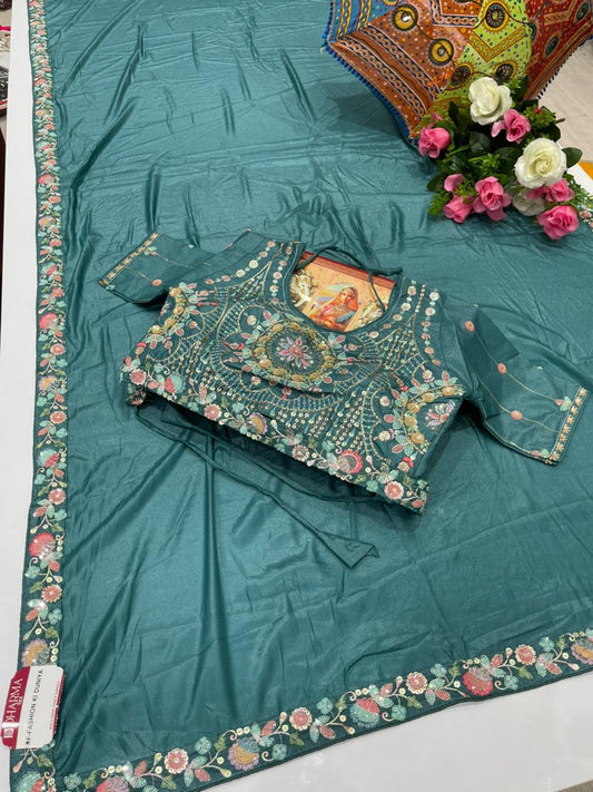 DF-FASHION KI DUNDIYA ORIGINAL CHOCLATE SAREE WITH BEAUTIFUL THREAD AND SEQUENCE WORK AT BORDER WITH STICHED HEAVY BLOUSE