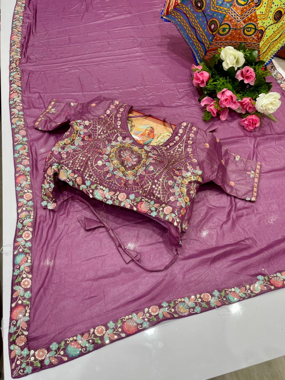DF-FASHION KI DUNDIYA ORIGINAL CHOCLATE SAREE WITH BEAUTIFUL THREAD AND SEQUENCE WORK AT BORDER WITH STICHED HEAVY BLOUSE