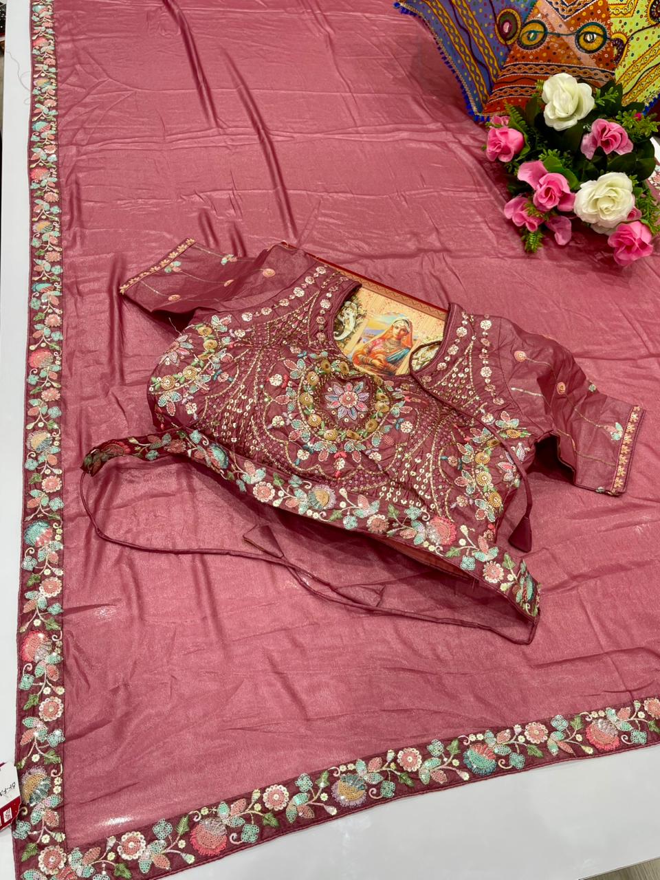 DF-FASHION KI DUNDIYA ORIGINAL CHOCLATE SAREE WITH BEAUTIFUL THREAD AND SEQUENCE WORK AT BORDER WITH STICHED HEAVY BLOUSE