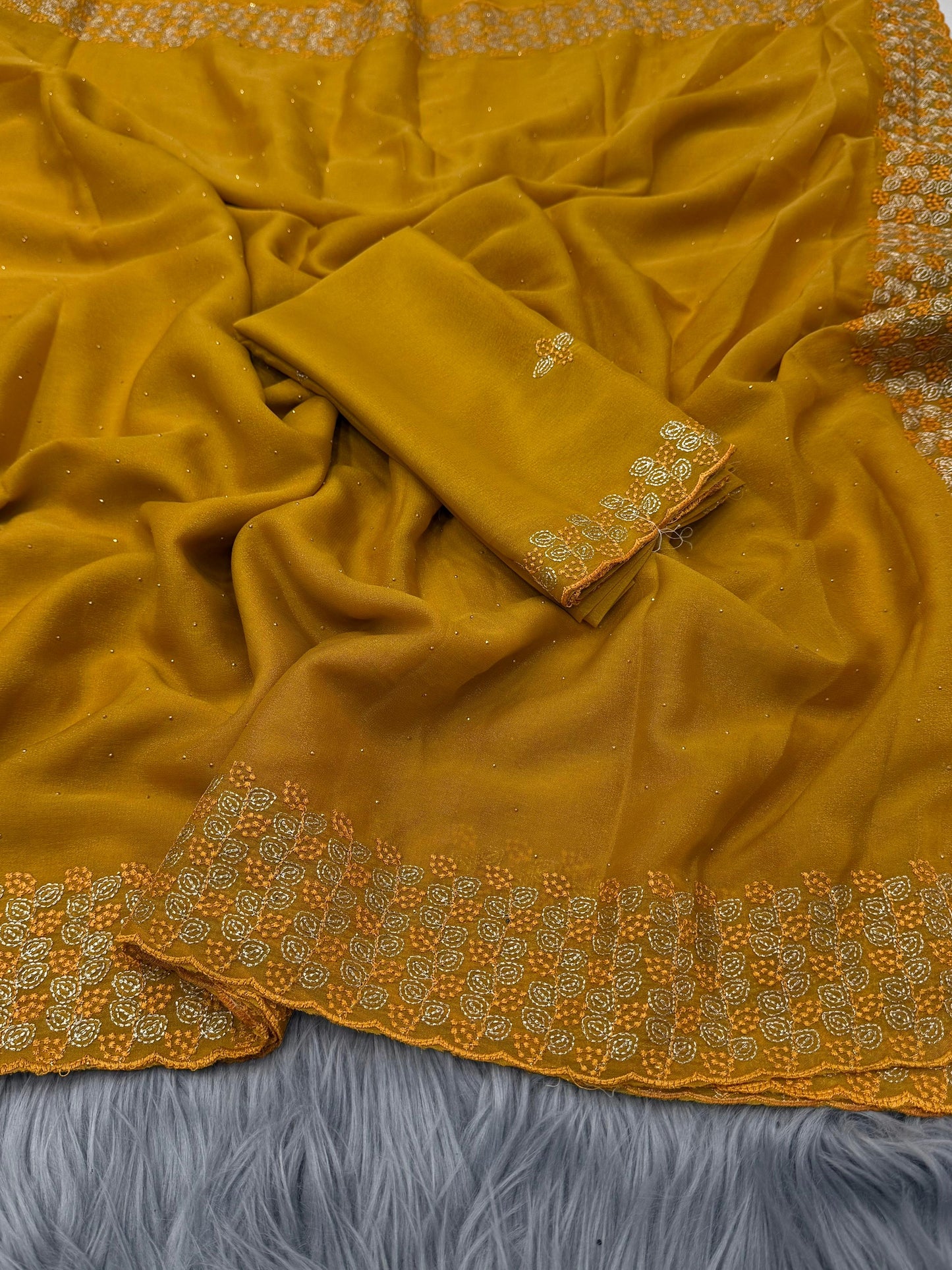 NN-2086 Star georgette fabric with beautiful embroidary c-pallu work with star georgett fabric with contrast embroidary work