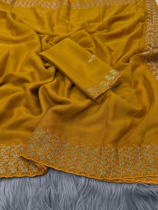 NN-2086 Star georgette fabric with beautiful embroidary c-pallu work with star georgett fabric with contrast embroidary work