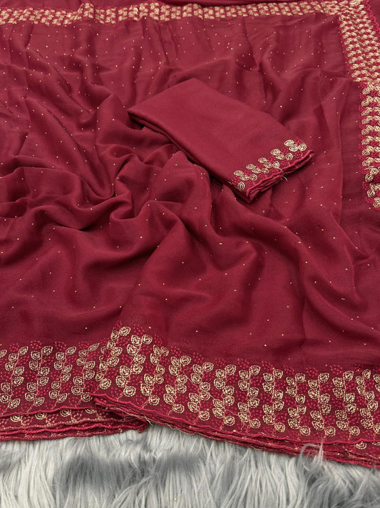 NN-2086 Star georgette fabric with beautiful embroidary c-pallu work with star georgett fabric with contrast embroidary work