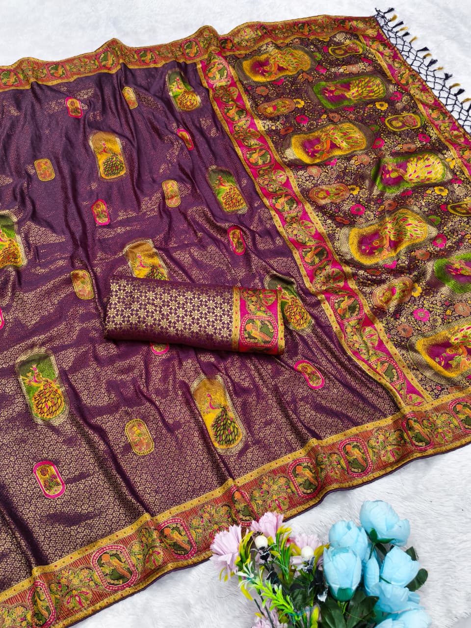 AJ-TISSUE-PEACOCK TISSUE SILK SAREE WITH BEAUTIFUL PEACOCK DESIGN HEAVY SHOWROOM PIECE REAL TISSUE FEEL WITH HEAVY BLOUSE