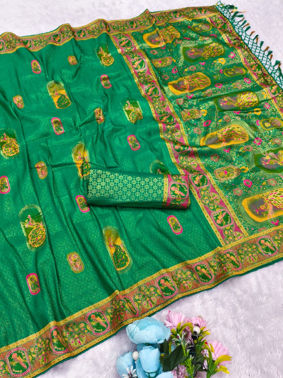 AJ-TISSUE-PEACOCK TISSUE SILK SAREE WITH BEAUTIFUL PEACOCK DESIGN HEAVY SHOWROOM PIECE REAL TISSUE FEEL WITH HEAVY BLOUSE