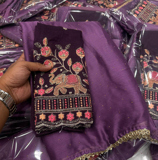 NN-2087 Moss chiffon fabric with chatni work allover saree with beautiful work border with contrast heavy handwork blouse