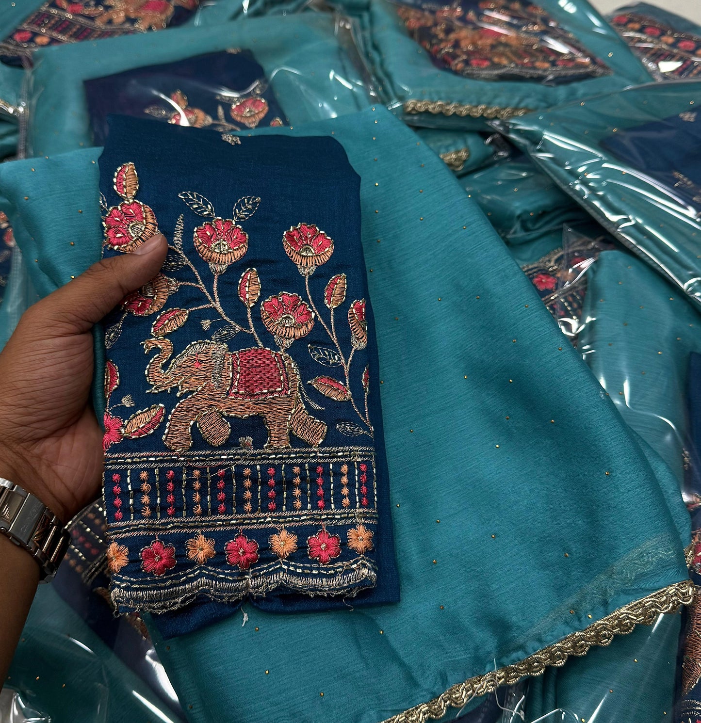 NN-2087 Moss chiffon fabric with chatni work allover saree with beautiful work border with contrast heavy handwork blouse