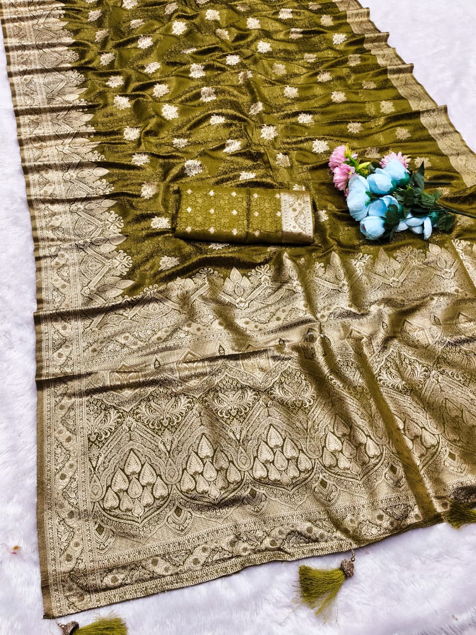 AJ-HICHKI TISSUE SILK SAREE WITH RICH PALLU DESIGN WITH DUSTY AND DARK COLOR MATCHING WITH TISSUE BLOUSE
