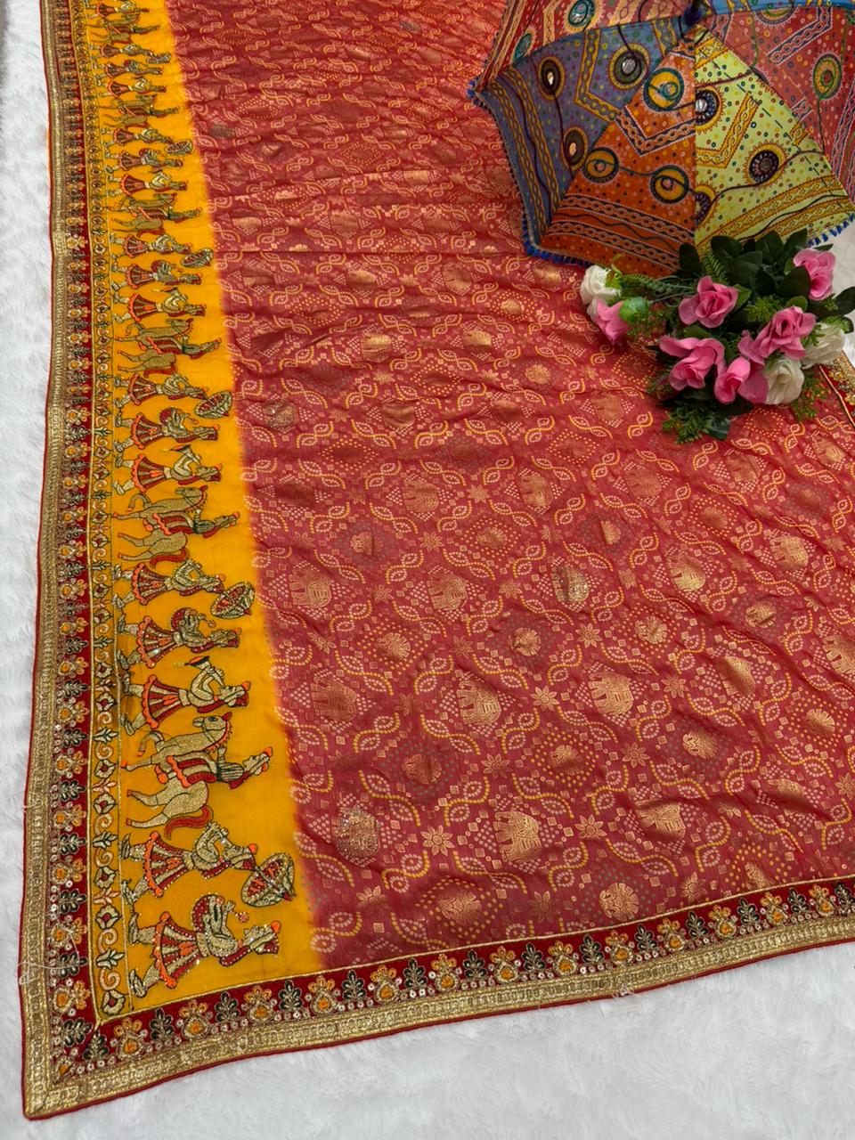 BS-ANAND- MANGAL VISOCS CHIFFON SAREE WITH BEAUTIFUL BANDANI DESIGN WITH HEAVY EMBROIDERY AND PATLI WORK WITH HEAVY BLOUSE BARAT DESIGN WITH GAJRAJ