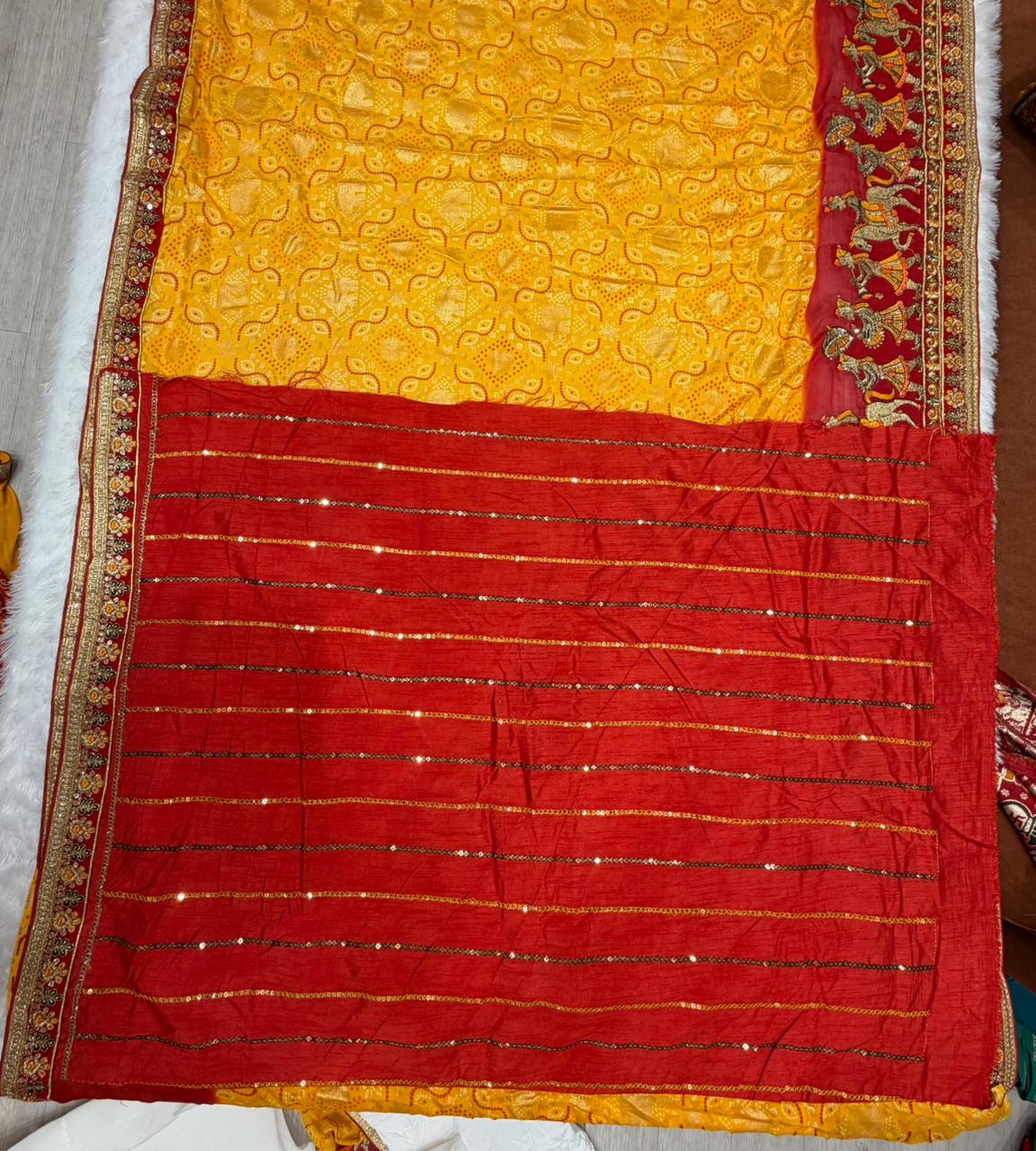 BS-ANAND- MANGAL VISOCS CHIFFON SAREE WITH BEAUTIFUL BANDANI DESIGN WITH HEAVY EMBROIDERY AND PATLI WORK WITH HEAVY BLOUSE BARAT DESIGN WITH GAJRAJ