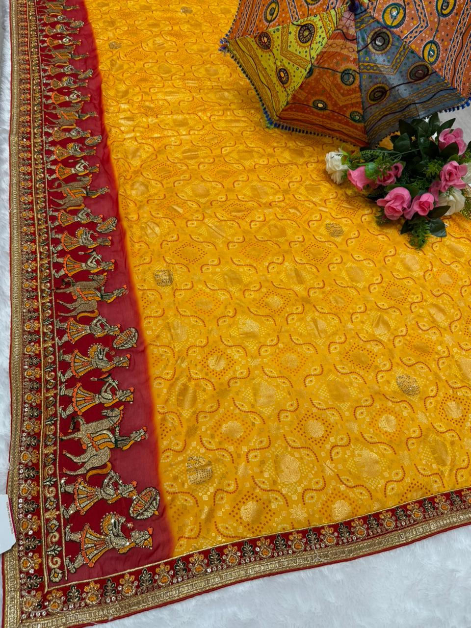 BS-ANAND- MANGAL VISOCS CHIFFON SAREE WITH BEAUTIFUL BANDANI DESIGN WITH HEAVY EMBROIDERY AND PATLI WORK WITH HEAVY BLOUSE BARAT DESIGN WITH GAJRAJ