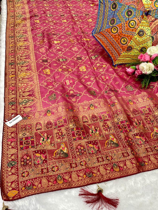 AJ-YODDHA GHATCHOLA PATTERN WITH CONTRAST PALLU AND BORDER WITH 2D DYING BALCHURI WEAVING DESIGN
