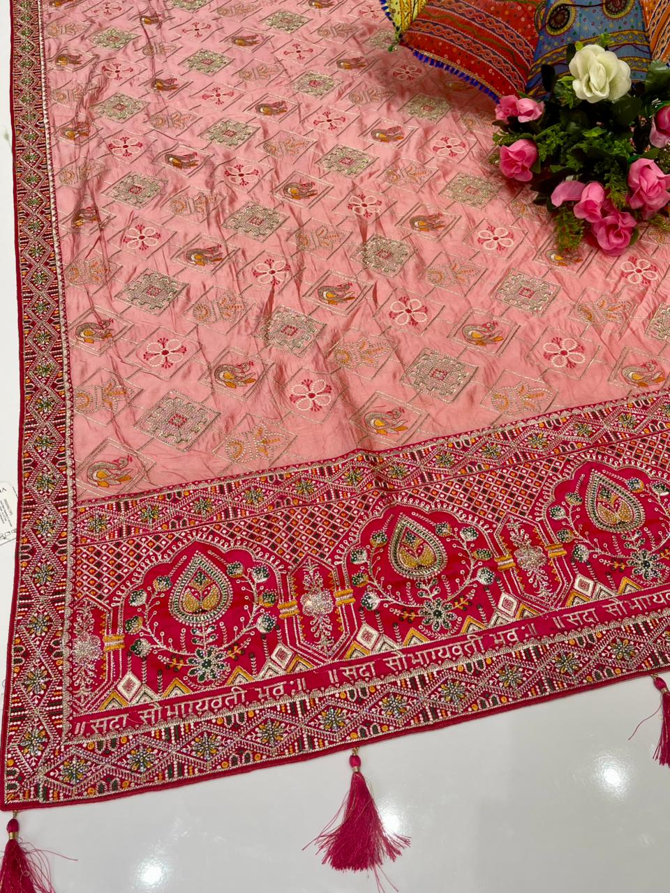 BS-POSTMAN  SATIN KANJIVARAM SILK GHATCHOLA GUJRATI DESIGN WITH RICH HEAVY PALLU AND BEAUTIFUL BODY DESIGN WITH CONTRAST BLOUSE WITH HEAVY WORK