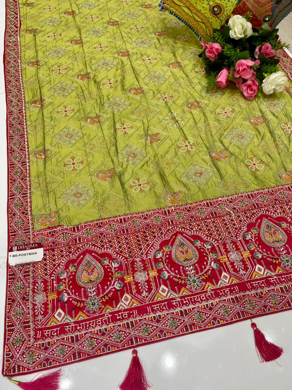 BS-POSTMAN  SATIN KANJIVARAM SILK GHATCHOLA GUJRATI DESIGN WITH RICH HEAVY PALLU AND BEAUTIFUL BODY DESIGN WITH CONTRAST BLOUSE WITH HEAVY WORK